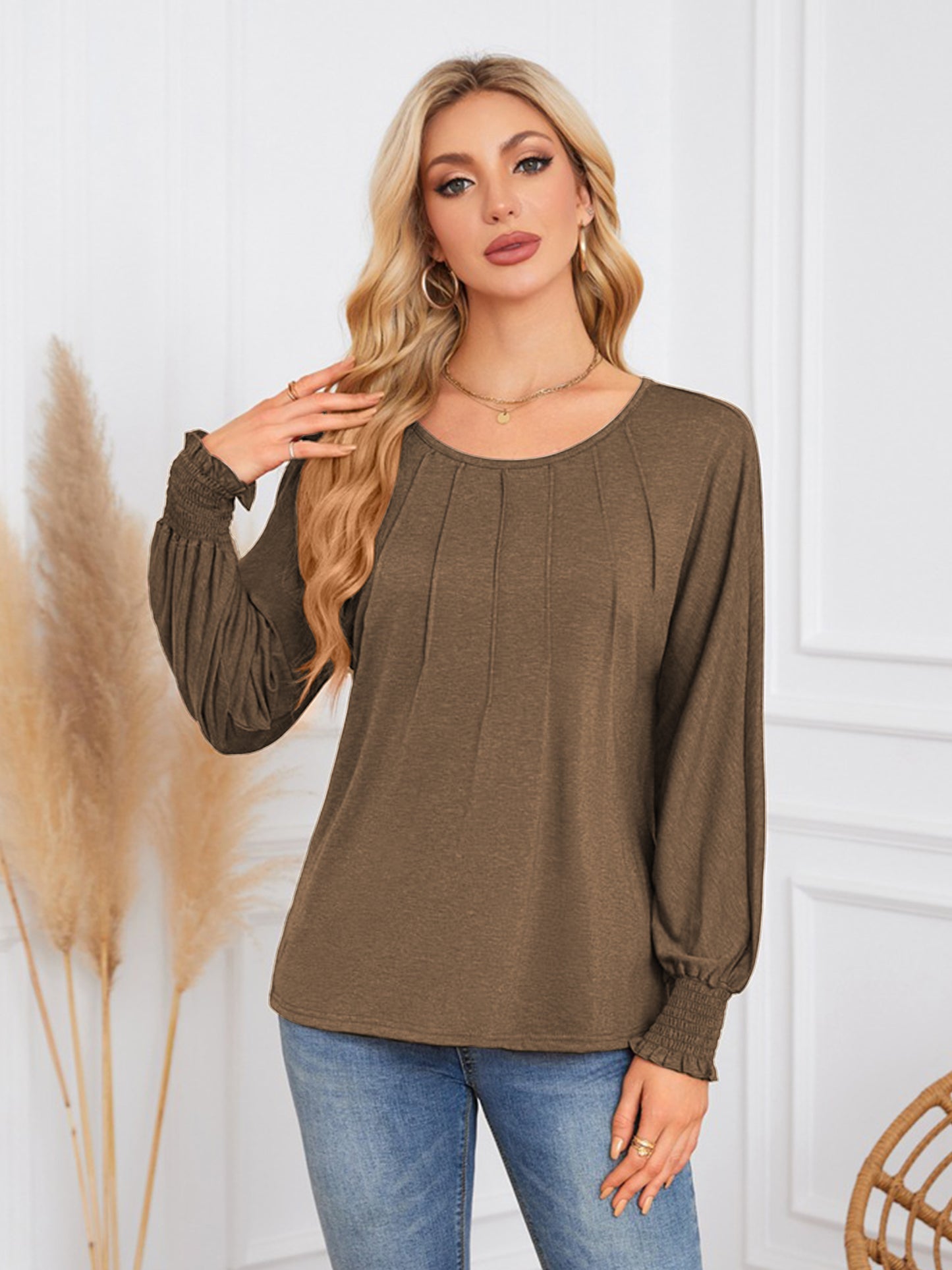 TEMOFON Blouses for Women Casual Long Sleeve Tunic Tops Fall Dressy Pleated Shirts for Women Winter Clothes