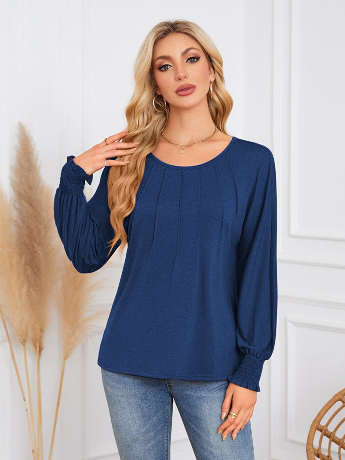 TEMOFON Blouses for Women Casual Long Sleeve Tunic Tops Fall Dressy Pleated Shirts for Women Winter Clothes