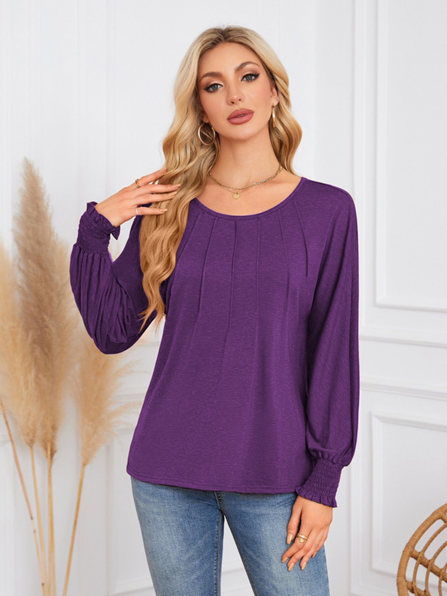 TEMOFON Blouses for Women Casual Long Sleeve Tunic Tops Fall Dressy Pleated Shirts for Women Winter Clothes