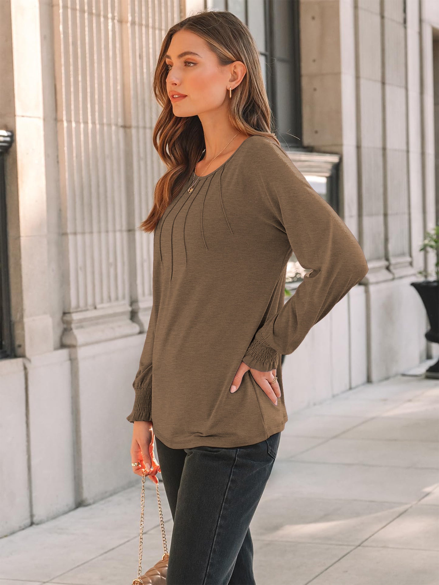 TEMOFON Blouses for Women Casual Long Sleeve Tunic Tops Fall Dressy Pleated Shirts for Women Winter Clothes