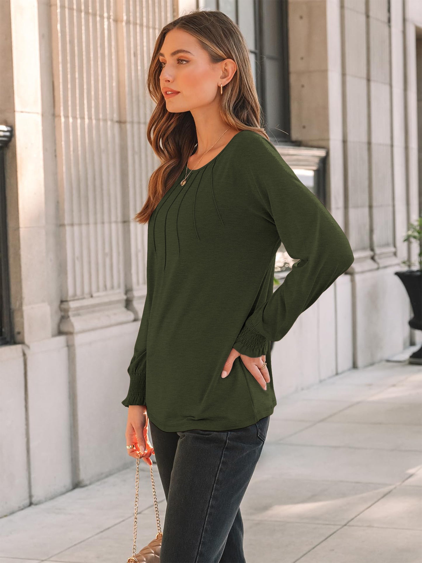 TEMOFON Blouses for Women Casual Long Sleeve Tunic Tops Fall Dressy Pleated Shirts for Women Winter Clothes