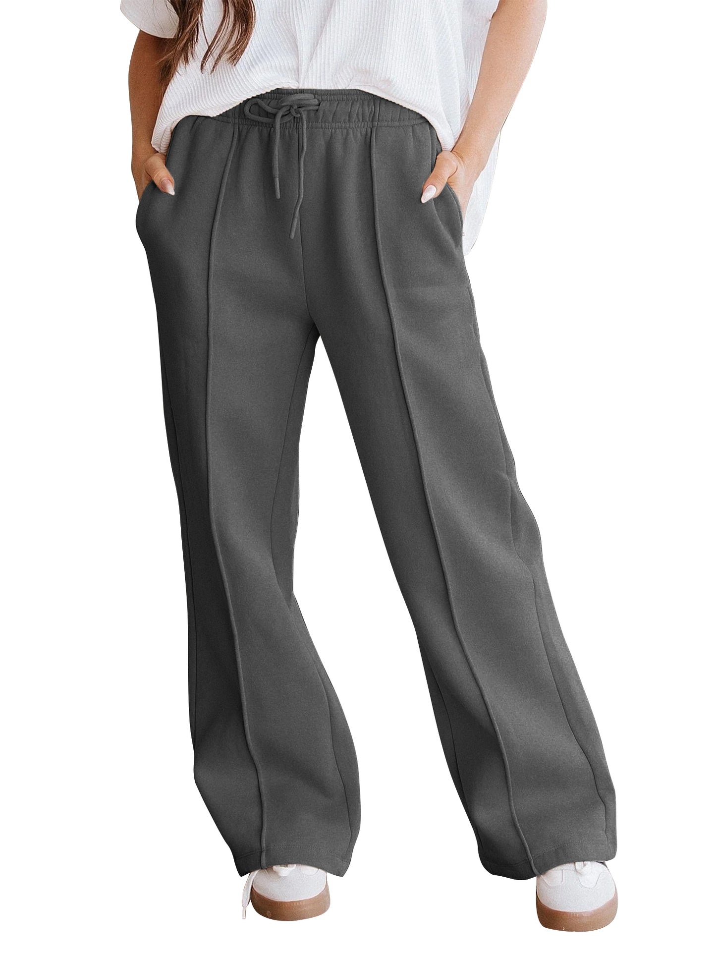 TEMOFON Black Pants for Women Elastic Waistband Fall Pants for Women with Pockets Autumn Thermal Pants Women Lounge Casual Winter Fleece - Lined Pants