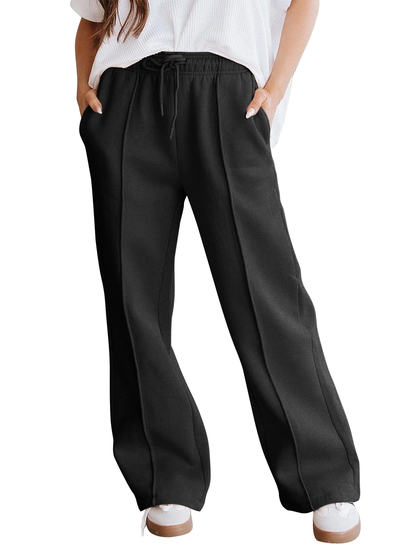 TEMOFON Black Pants for Women Elastic Waistband Fall Pants for Women with Pockets Autumn Thermal Pants Women Lounge Casual Winter Fleece - Lined Pants