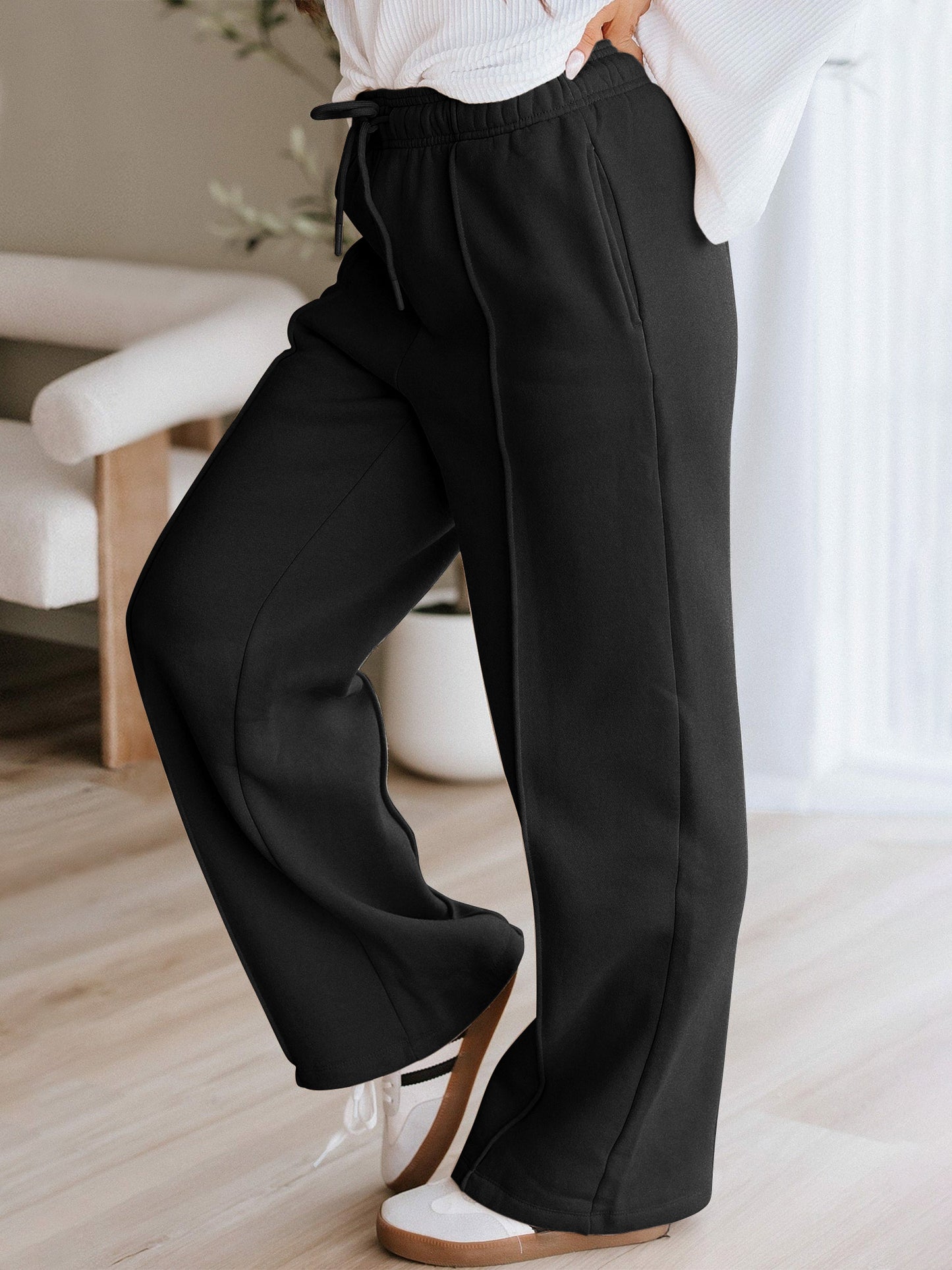 TEMOFON Black Pants for Women Elastic Waistband Fall Pants for Women with Pockets Autumn Thermal Pants Women Lounge Casual Winter Fleece - Lined Pants