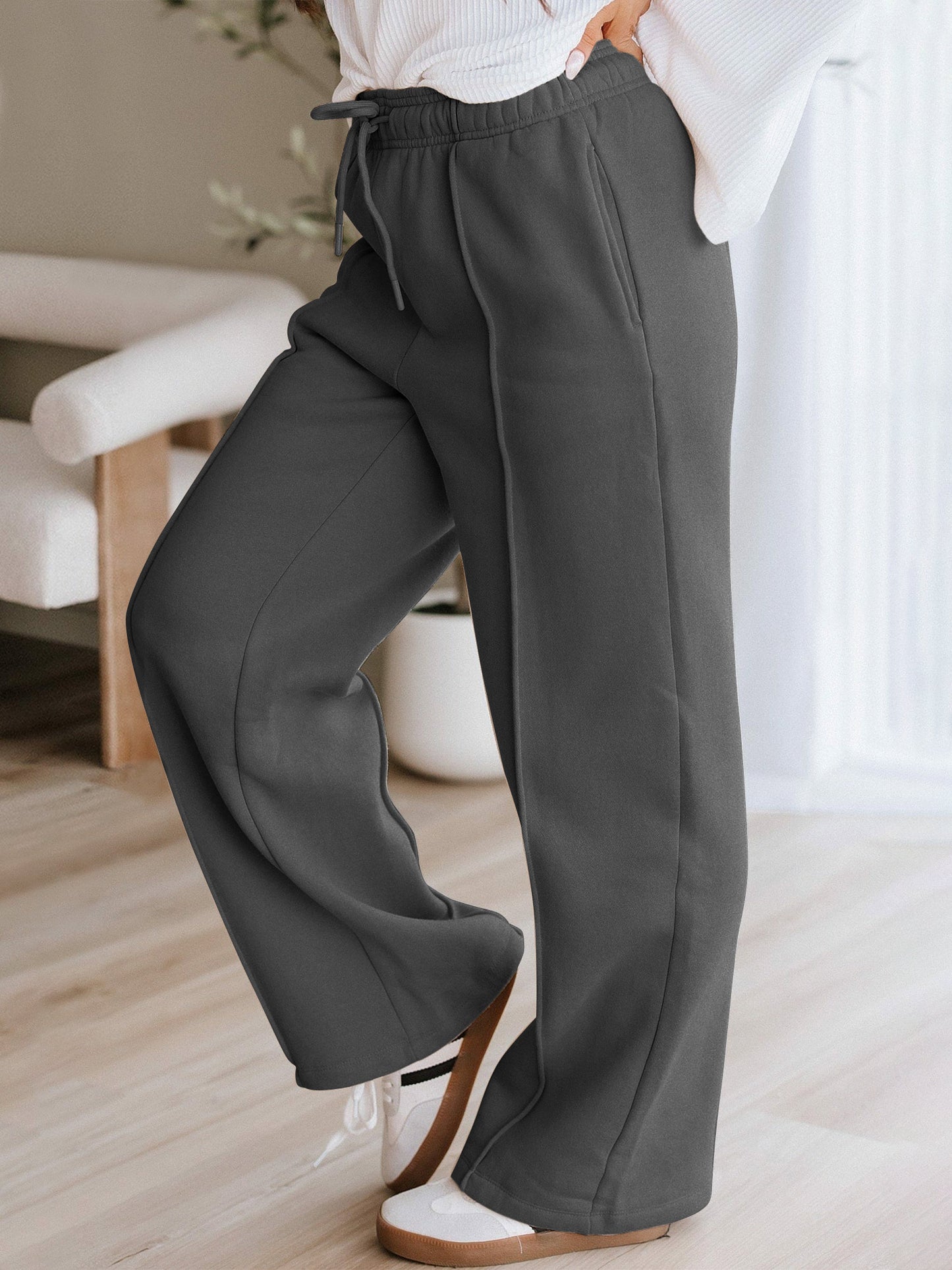 TEMOFON Black Pants for Women Elastic Waistband Fall Pants for Women with Pockets Autumn Thermal Pants Women Lounge Casual Winter Fleece - Lined Pants