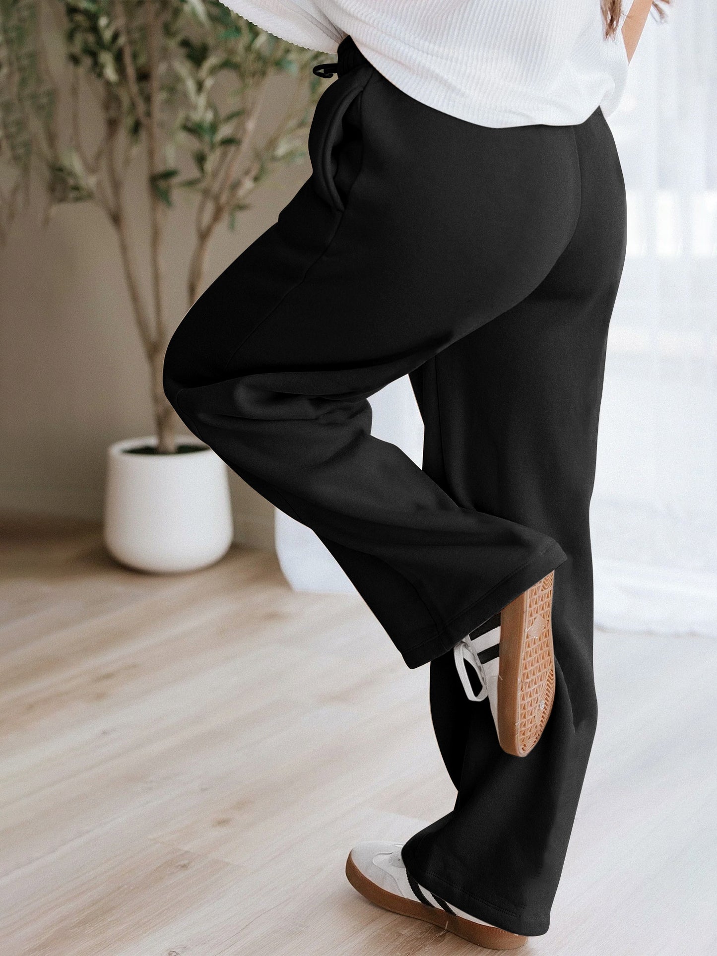 TEMOFON Black Pants for Women Elastic Waistband Fall Pants for Women with Pockets Autumn Thermal Pants Women Lounge Casual Winter Fleece - Lined Pants
