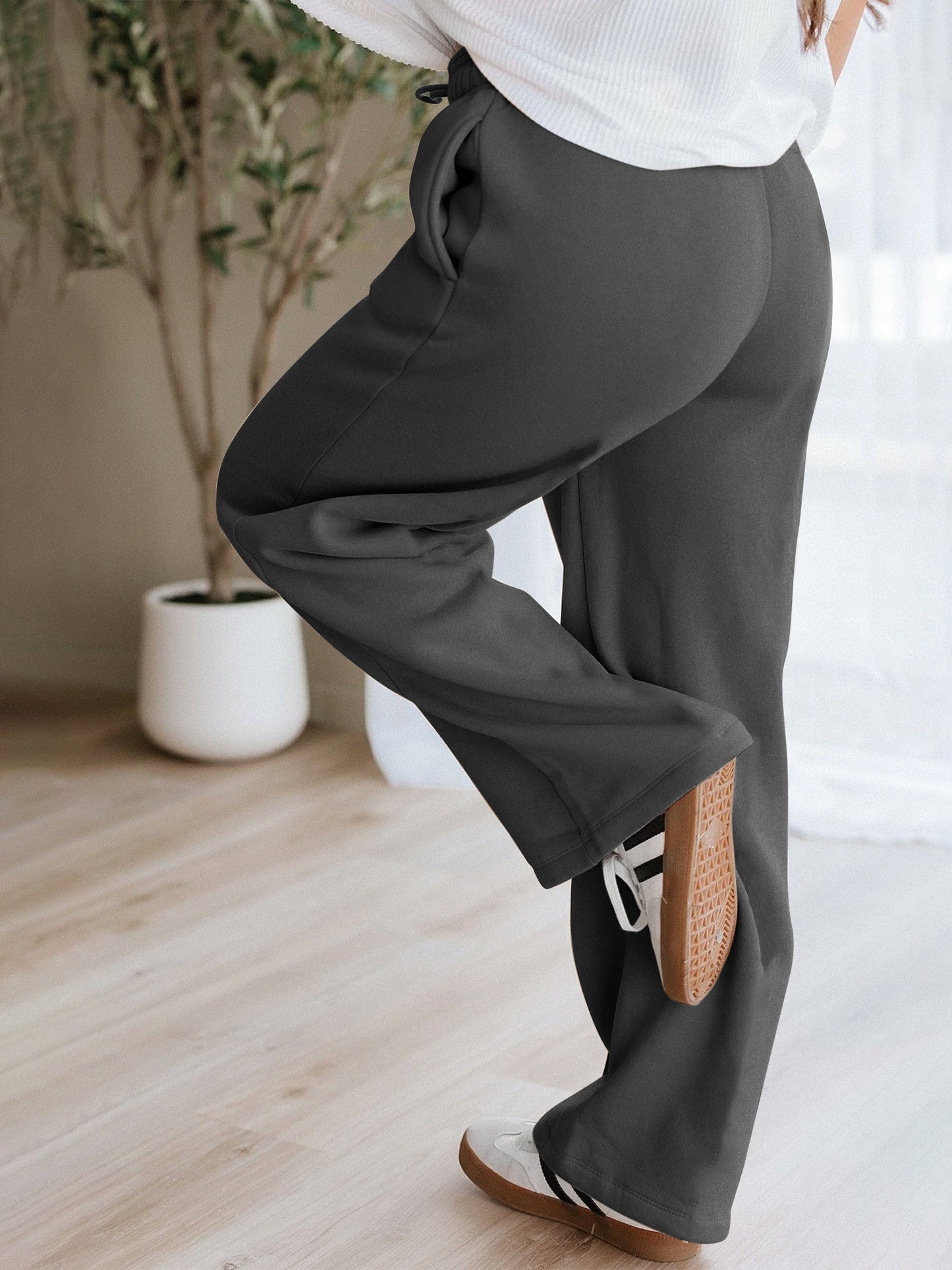 TEMOFON Black Pants for Women Elastic Waistband Fall Pants for Women with Pockets Autumn Thermal Pants Women Lounge Casual Winter Fleece - Lined Pants