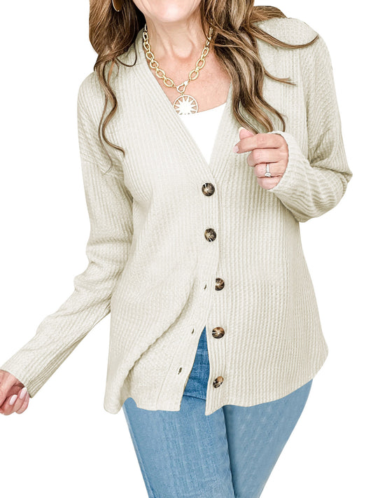 SHIBEVER Women Tops Buttons Down Long Sleeve Shirts for Women V Neck Waffle Knit Lightweight Ladies Cardigan for Women Fall Shirt Winter Clothes