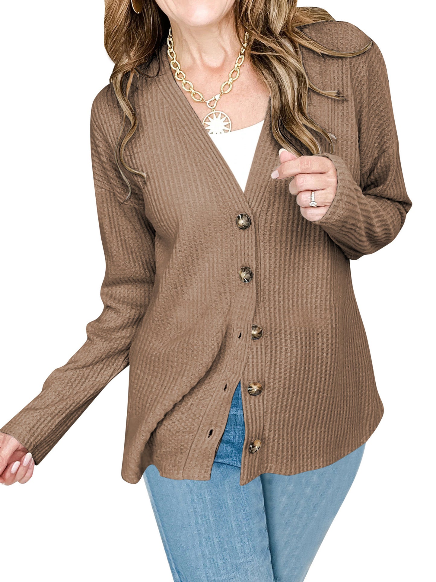 SHIBEVER Womens Cardigan Buttons Down Long Sleeve Buttons Up Shirts for Women V Neck Waffle Knit Ladies Cardigan for Women Tops Fall Winter Clothes