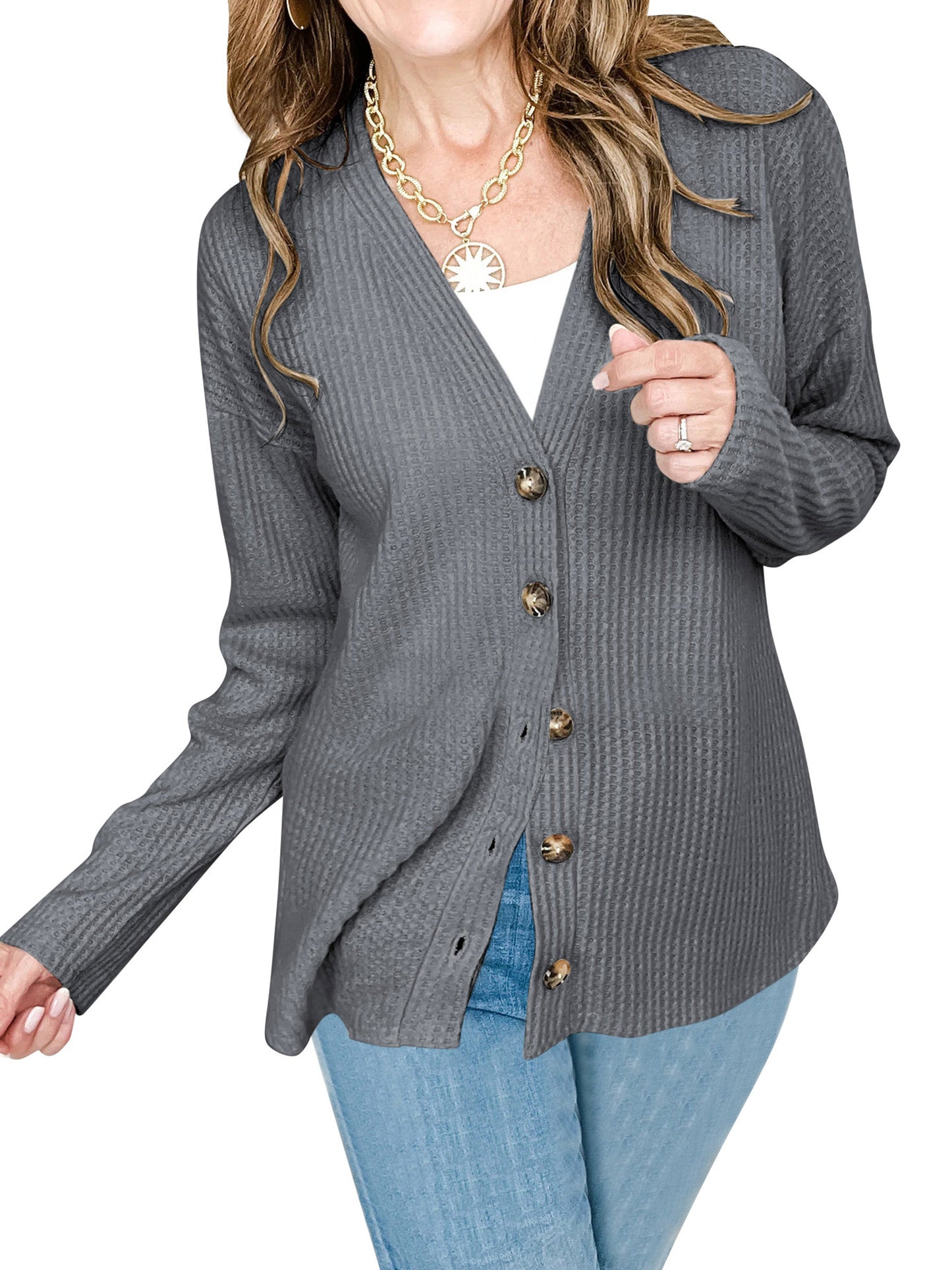 SHIBEVER Women Tops Fall Long Sleeve Shirts for Women Buttons Up V Neck Waffle Knit Lightweight Open Front Cardigan for Women Winter Clothes Grey
