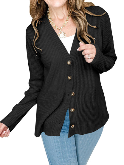 SHIBEVER Womens Cardigan Long Sleeve Shirts for Women Buttons Down V Neck Waffle Knit Lightweight Black Cardigan for Women Fall Shirt Winter Clothes