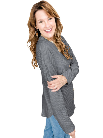 SHIBEVER Women Tops Fall Long Sleeve Shirts for Women Buttons Up V Neck Waffle Knit Lightweight Open Front Cardigan for Women Winter Clothes Grey