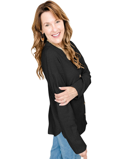 SHIBEVER Womens Cardigan Long Sleeve Shirts for Women Buttons Down V Neck Waffle Knit Lightweight Black Cardigan for Women Fall Shirt Winter Clothes