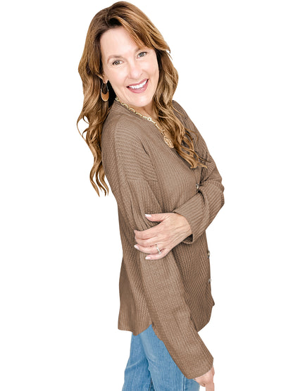 SHIBEVER Womens Cardigan Buttons Down Long Sleeve Buttons Up Shirts for Women V Neck Waffle Knit Ladies Cardigan for Women Tops Fall Winter Clothes