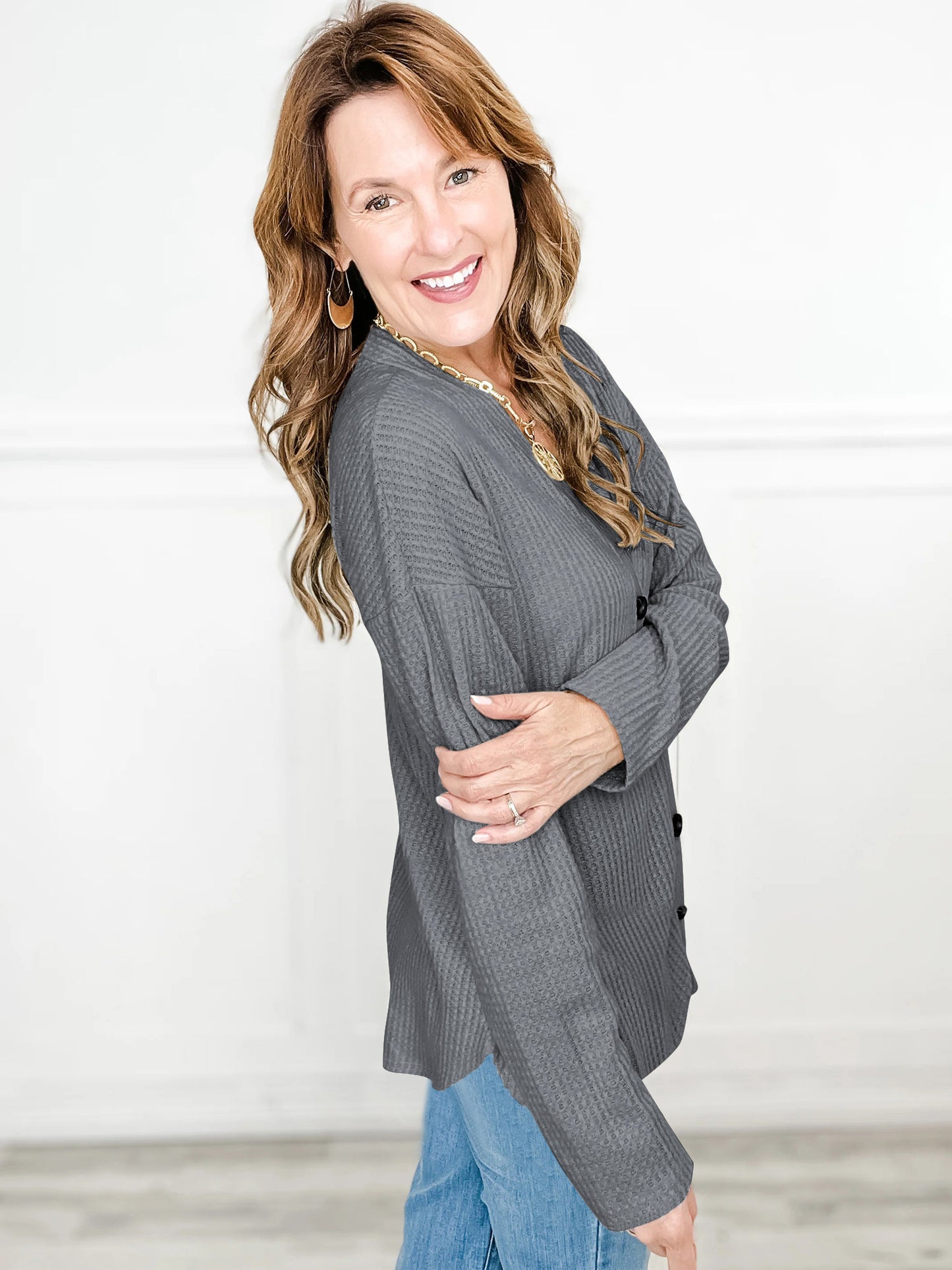 SHIBEVER Women Tops Fall Long Sleeve Shirts for Women Buttons Up V Neck Waffle Knit Lightweight Open Front Cardigan for Women Winter Clothes Grey