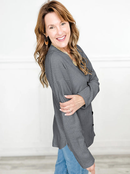 SHIBEVER Women Tops Fall Long Sleeve Shirts for Women Buttons Up V Neck Waffle Knit Lightweight Open Front Cardigan for Women Winter Clothes Grey