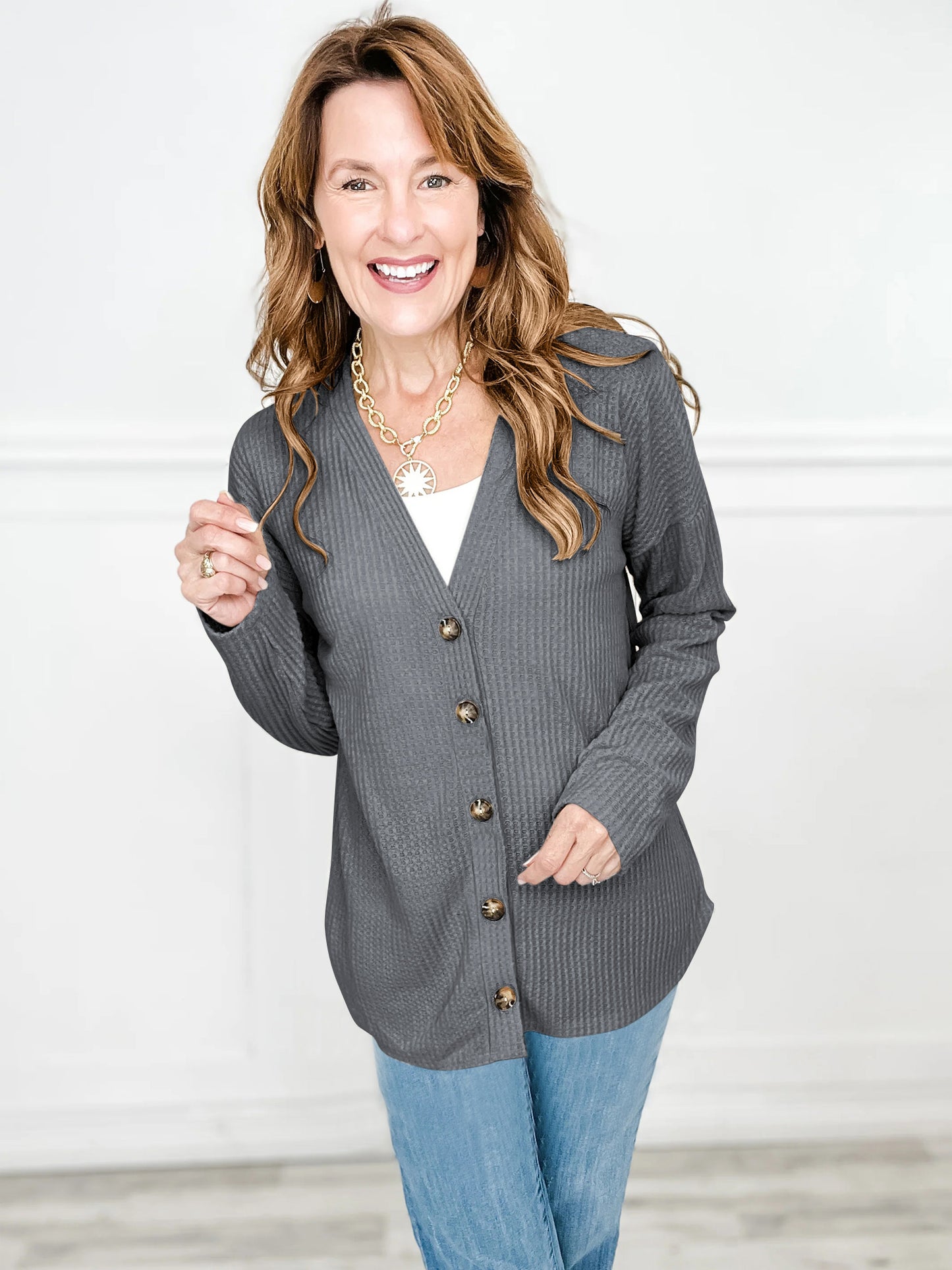 SHIBEVER Women Tops Fall Long Sleeve Shirts for Women Buttons Up V Neck Waffle Knit Lightweight Open Front Cardigan for Women Winter Clothes Grey