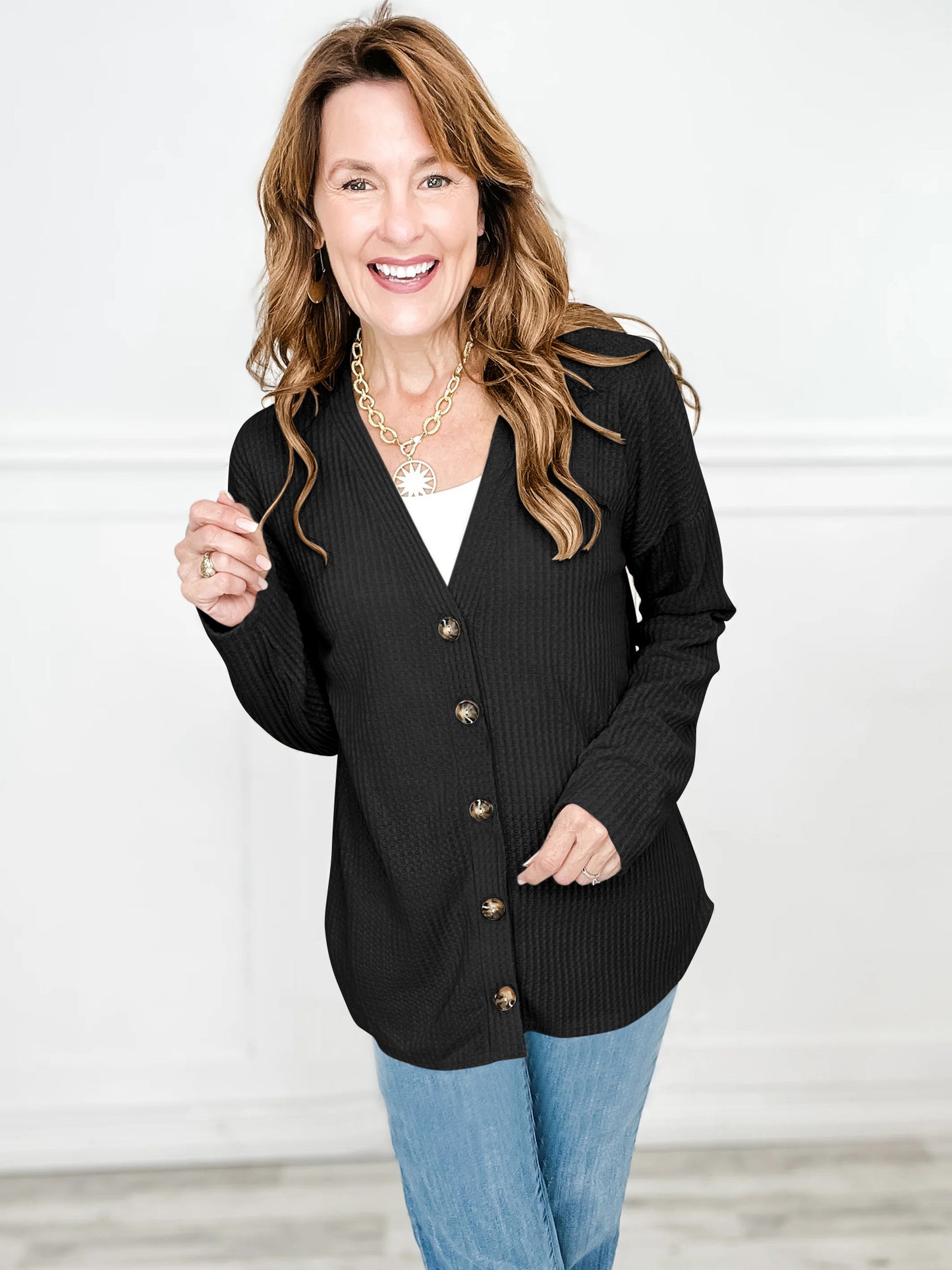 SHIBEVER Womens Cardigan Long Sleeve Shirts for Women Buttons Down V Neck Waffle Knit Lightweight Black Cardigan for Women Fall Shirt Winter Clothes