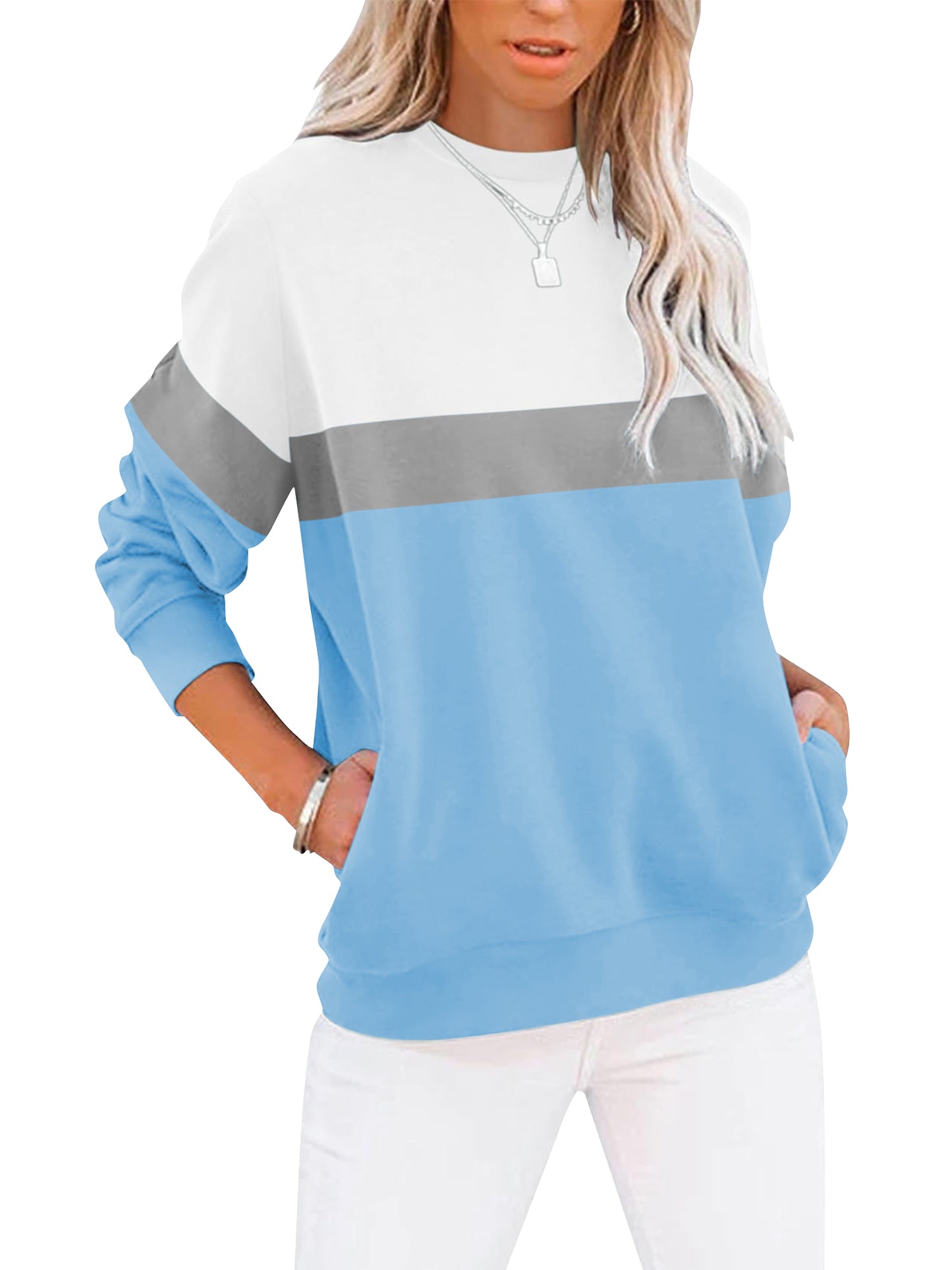 SHIBEVER Long Sleeve Shirts for Women Crew Neck Sweatshirts Womens Clothes Fall Shirts Casual Tops for Women Color Block Winter Sweat Shirts Blue