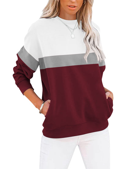 SHIBEVER Long Sleeve Shirts for Women Crew Neck Sweatshirts Womens Clothes Fall Shirts Casual Tops for Women Color Block Winter Sweat Shirts Blue