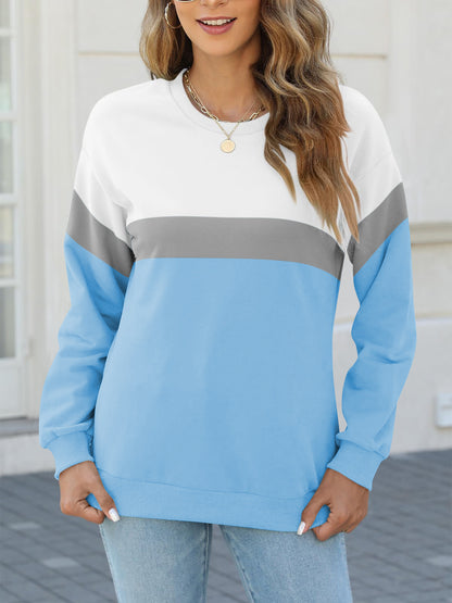 SHIBEVER Long Sleeve Shirts for Women Crew Neck Sweatshirts Womens Clothes Fall Shirts Casual Tops for Women Color Block Winter Sweat Shirts Blue