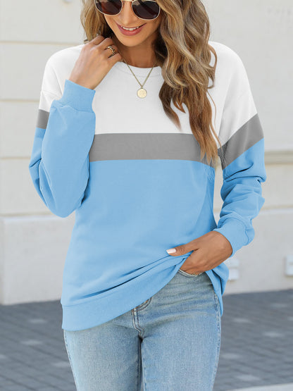 SHIBEVER Long Sleeve Shirts for Women Crew Neck Sweatshirts Womens Clothes Fall Shirts Casual Tops for Women Color Block Winter Sweat Shirts Blue