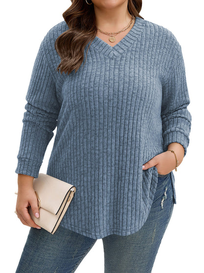 TEMOFON Plus Size Long Sleeve Shirts for Women V Neck Curved Hem Tunic Tops Lightweight Casual Loose Fit Fall Tops