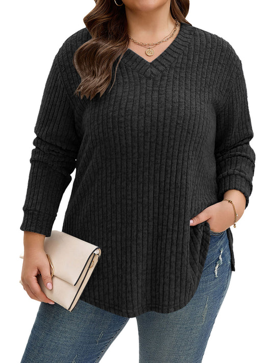 TEMOFON Plus Size Long Sleeve Shirts for Women V Neck Curved Hem Tunic Tops Lightweight Casual Loose Fit Fall Tops