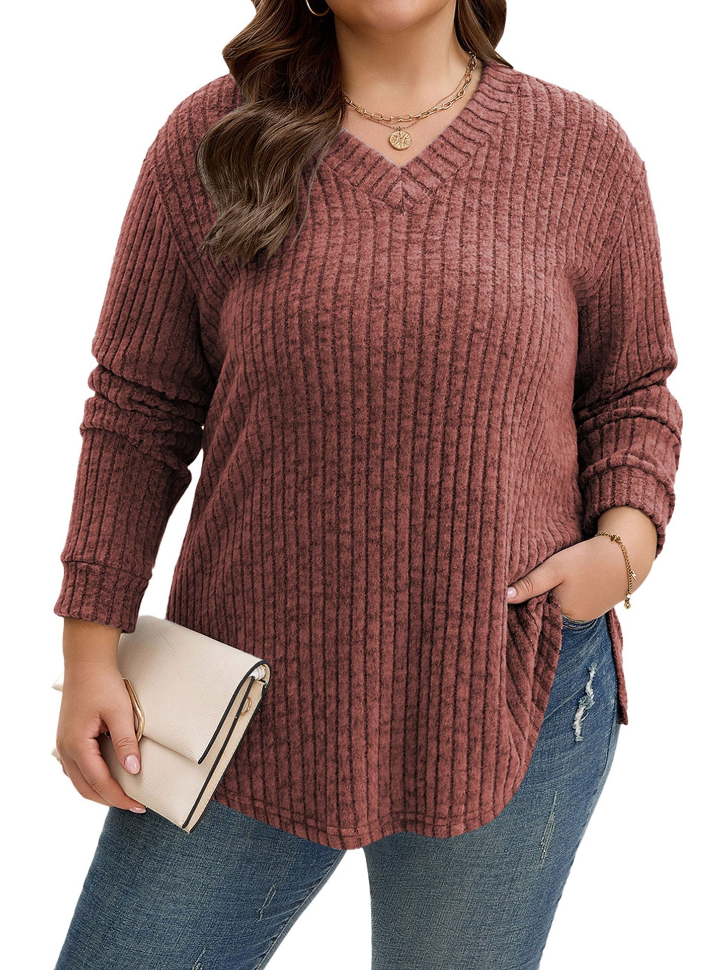 TEMOFON Plus Size Long Sleeve Shirts for Women V Neck Curved Hem Tunic Tops Lightweight Casual Loose Fit Fall Tops