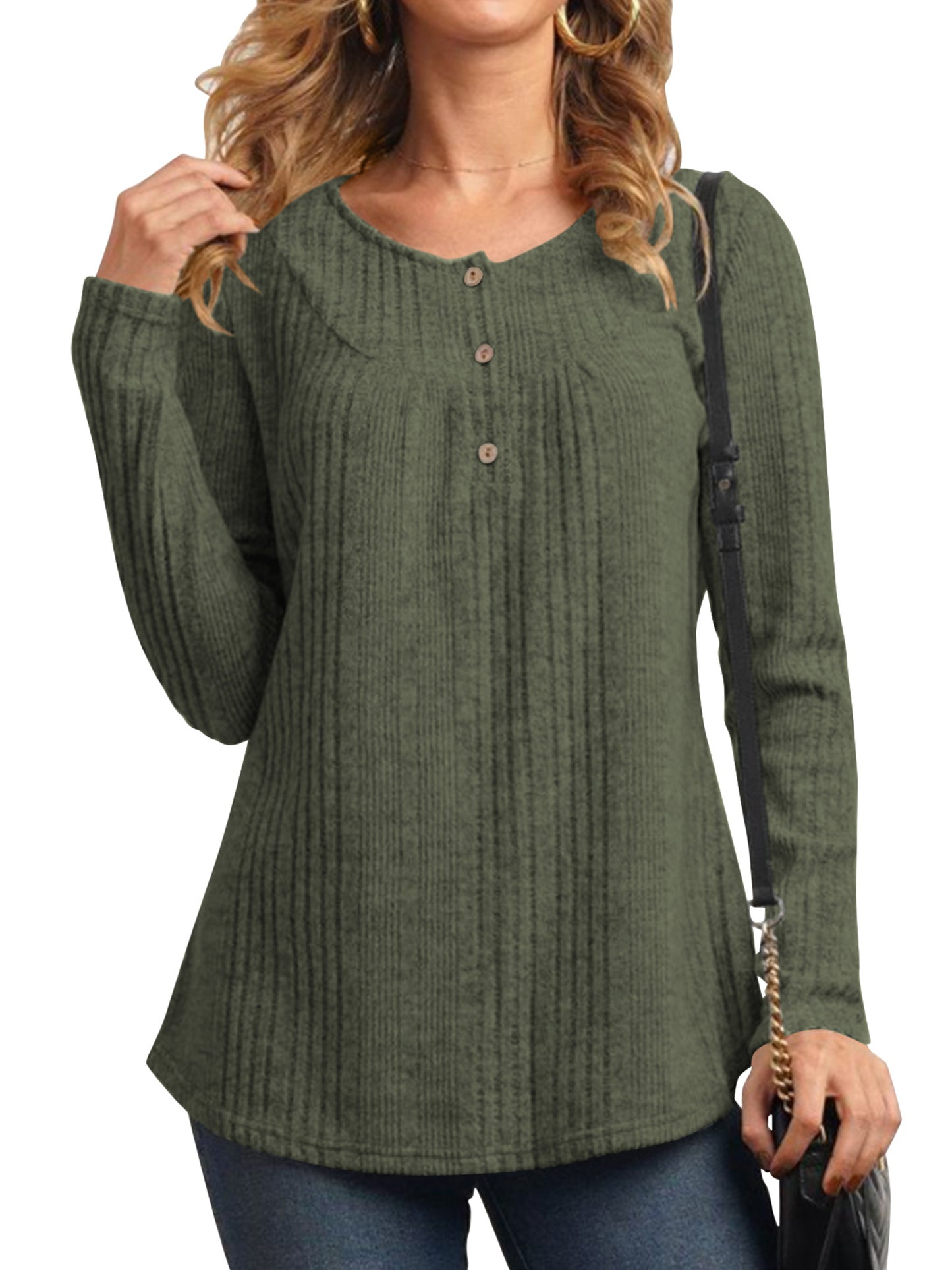TEMOFON Womens Tops Fall Long Sleeve Button Henley Shirts Lightweight Casual Crew Neck Tunic Tops for Womens Winter Clothes