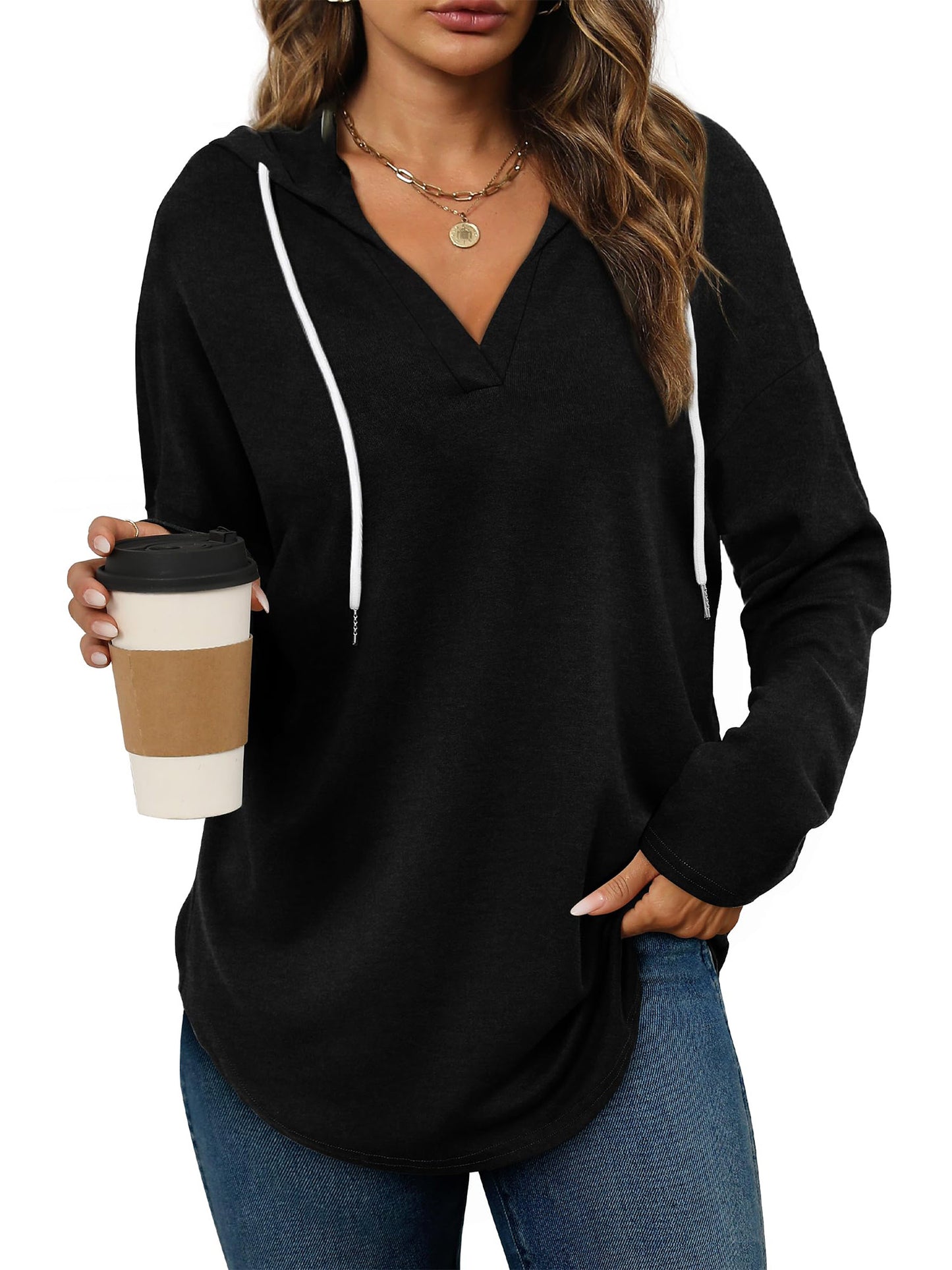 TEMOFON Women V Neck Plaid Hoodies Womens Fashion Tops Pullover Oversized Hoodies Long Sleeve Drawstring Hoodies Loose Fit