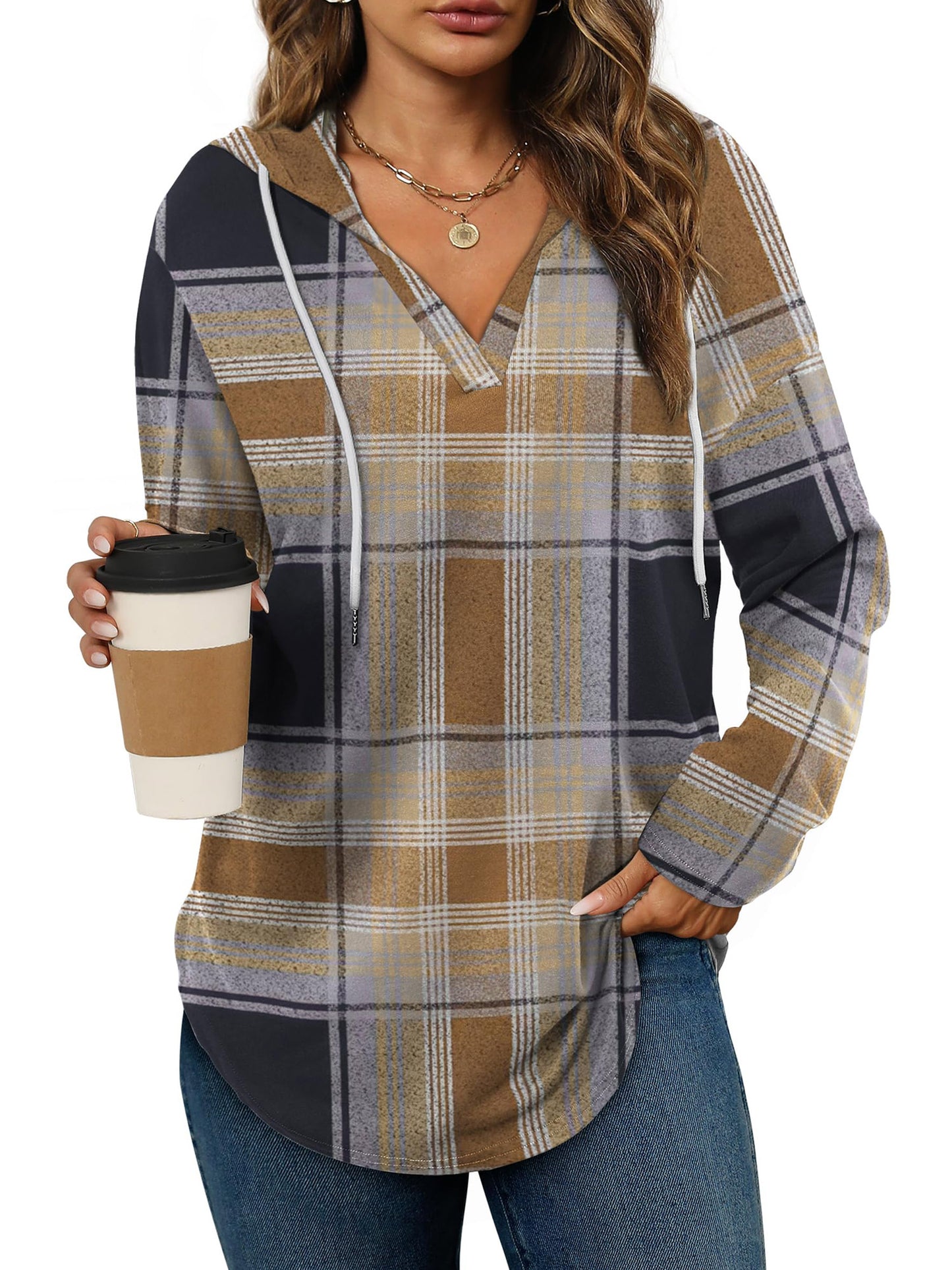 TEMOFON Women V Neck Plaid Hoodies Womens Fashion Tops Pullover Oversized Hoodies Long Sleeve Drawstring Hoodies Loose Fit