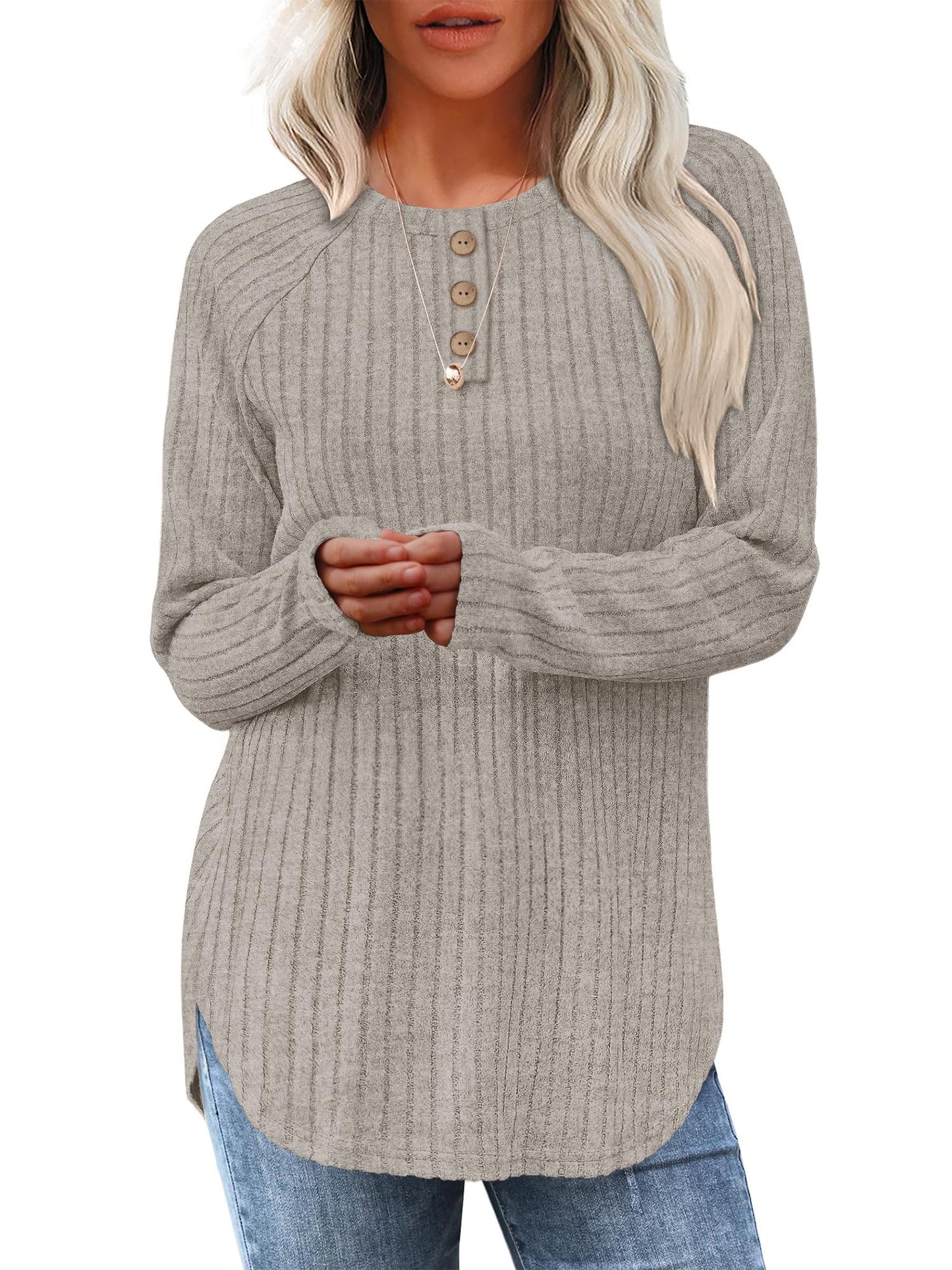 TEMOFON Long Sleeve Shirts for Women Loose Fit Dressy Casual Button Sweater Crew Neck Pullover Basic Sweaters for Women 2025