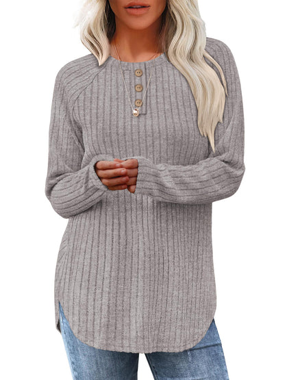 TEMOFON Long Sleeve Shirts for Women Loose Fit Dressy Casual Button Sweater Crew Neck Pullover Basic Sweaters for Women 2025