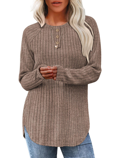 TEMOFON Long Sleeve Shirts for Women Loose Fit Dressy Casual Button Sweater Crew Neck Pullover Basic Sweaters for Women 2025