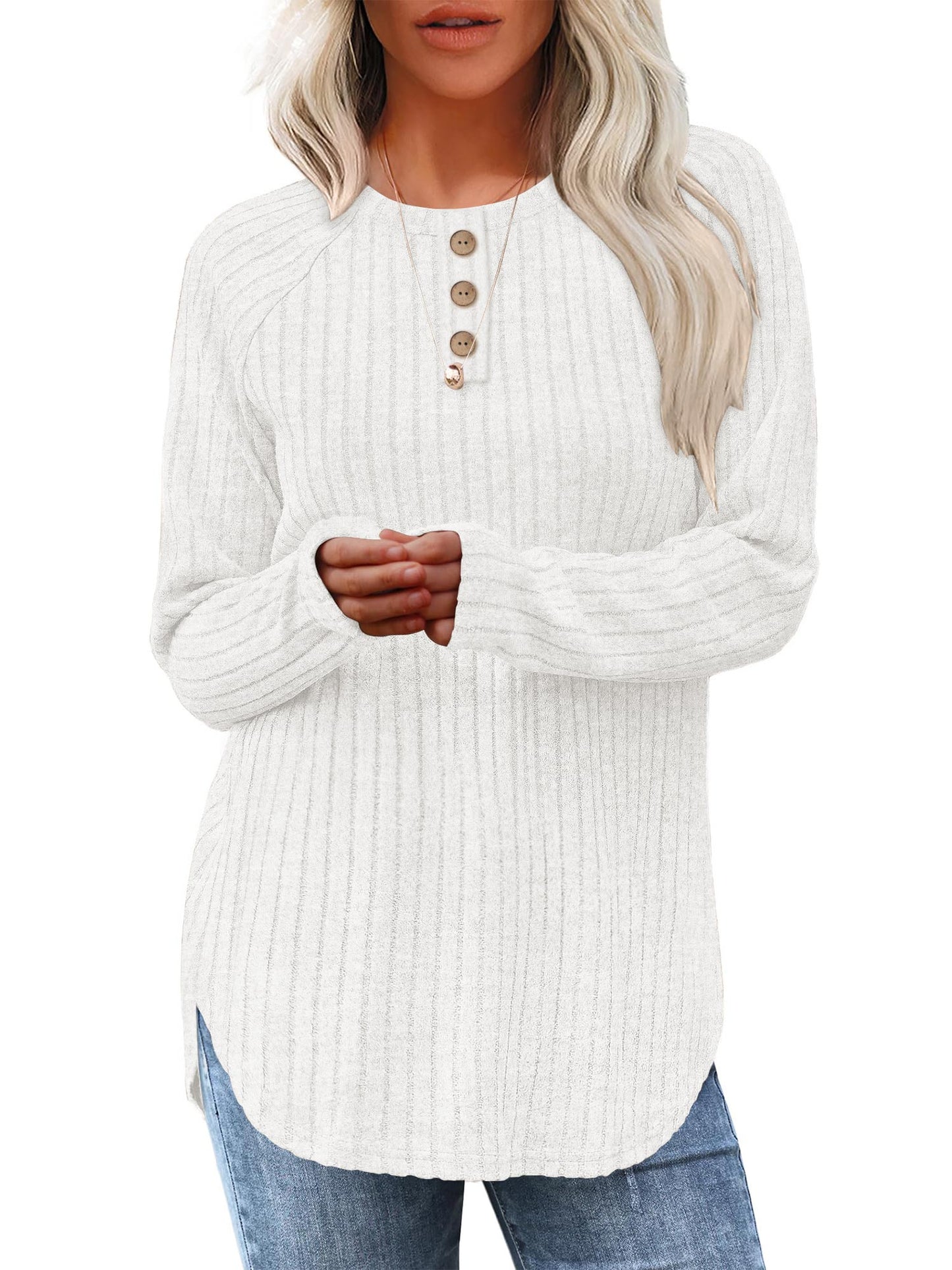 TEMOFON Long Sleeve Shirts for Women Loose Fit Dressy Casual Button Sweater Crew Neck Pullover Basic Sweaters for Women 2025