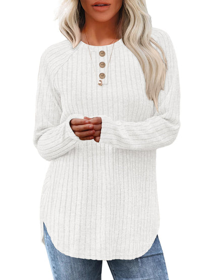 TEMOFON Long Sleeve Shirts for Women Loose Fit Dressy Casual Button Sweater Crew Neck Pullover Basic Sweaters for Women 2025