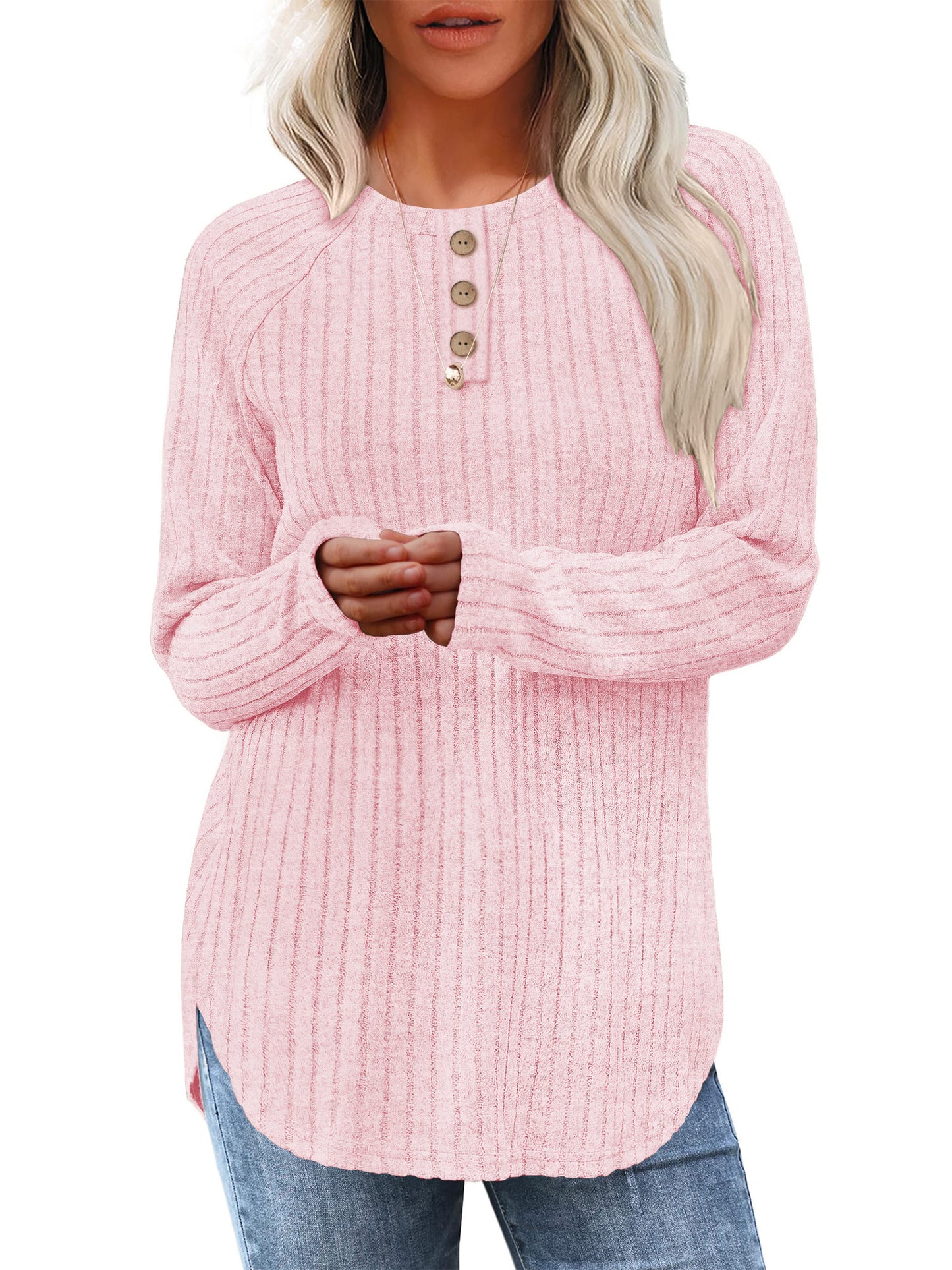 TEMOFON Long Sleeve Shirts for Women Loose Fit Dressy Casual Button Sweater Crew Neck Pullover Basic Sweaters for Women 2025