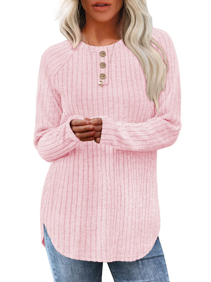 TEMOFON Long Sleeve Shirts for Women Loose Fit Dressy Casual Button Sweater Crew Neck Pullover Basic Sweaters for Women 2025