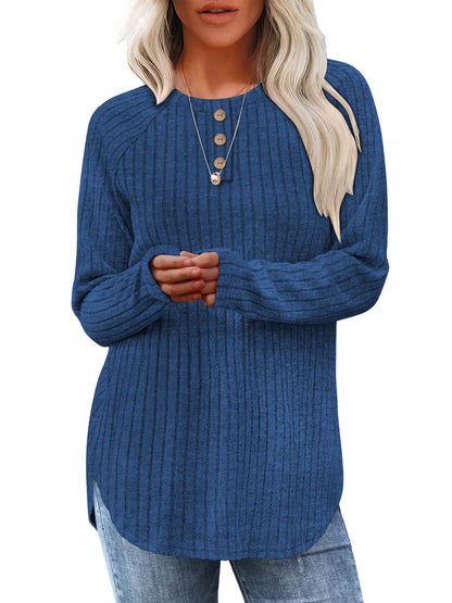 TEMOFON Long Sleeve Shirts for Women Loose Fit Dressy Casual Button Sweater Crew Neck Pullover Basic Sweaters for Women 2025