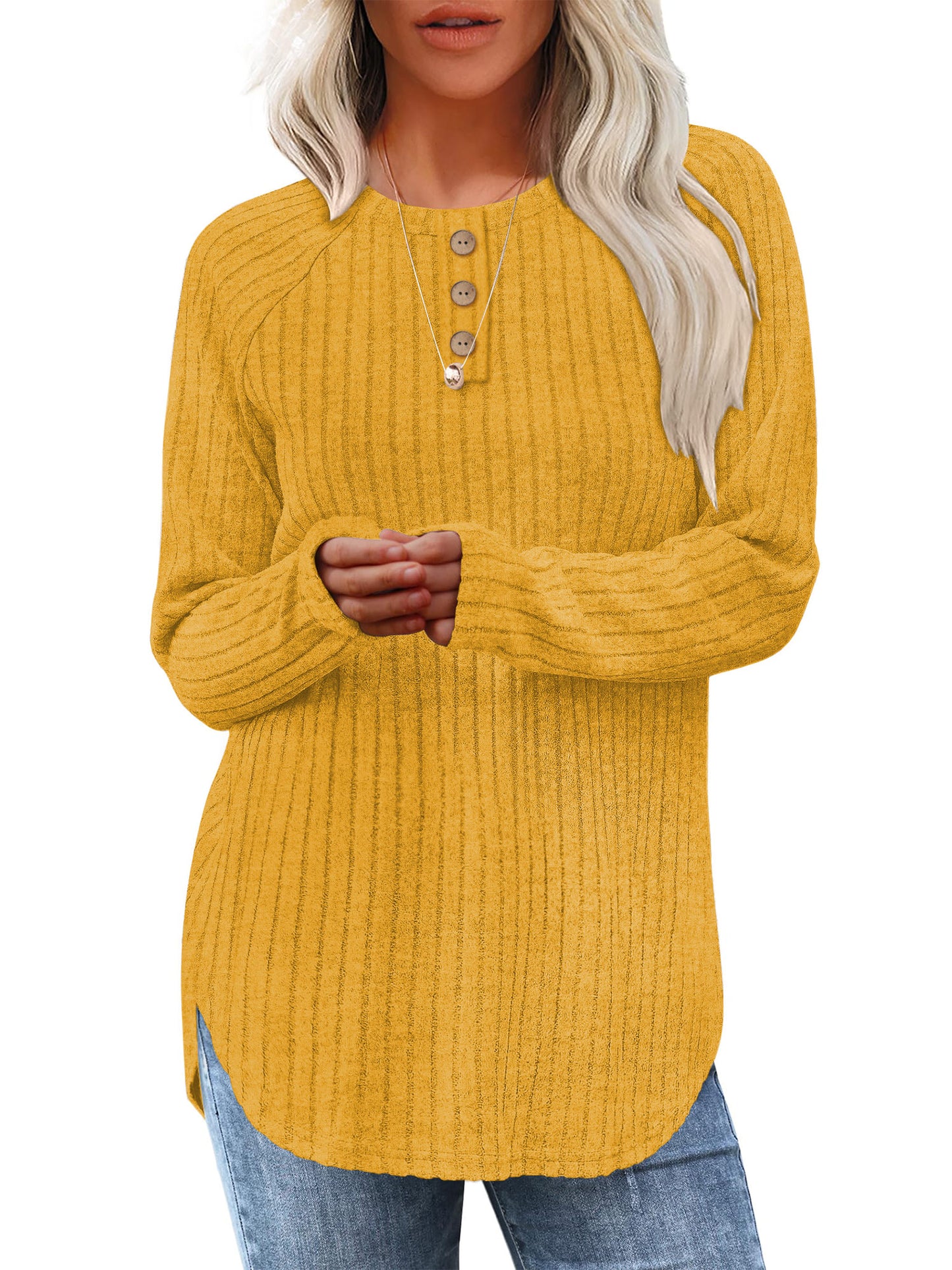 TEMOFON Long Sleeve Shirts for Women Loose Fit Dressy Casual Button Sweater Crew Neck Pullover Basic Sweaters for Women 2025