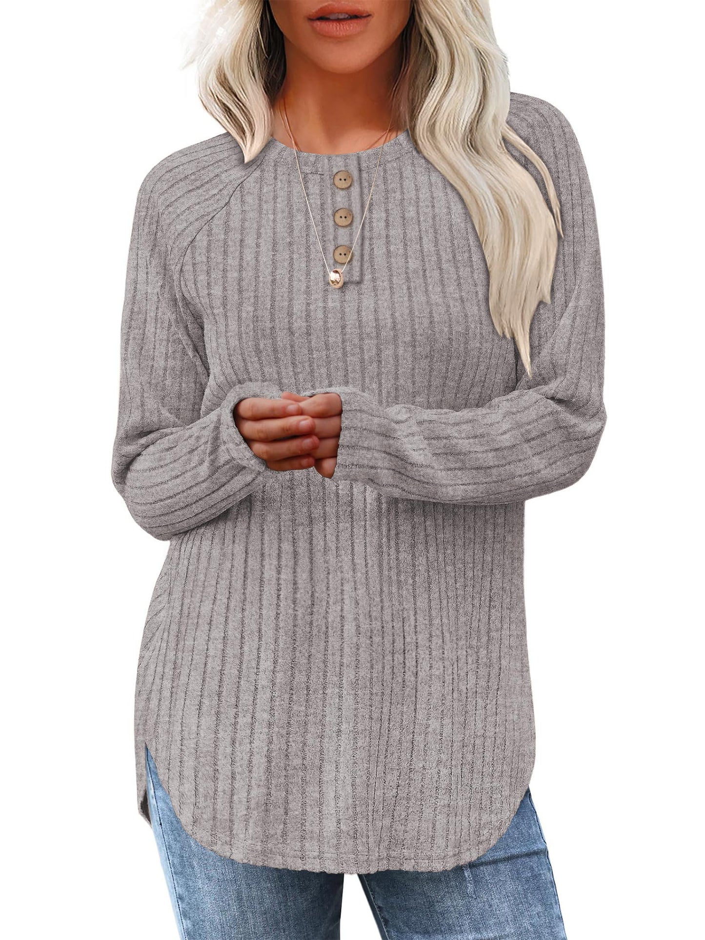 TEMOFON Long Sleeve Shirts for Women Loose Fit Dressy Casual Button Sweater Crew Neck Pullover Basic Sweaters for Women 2025