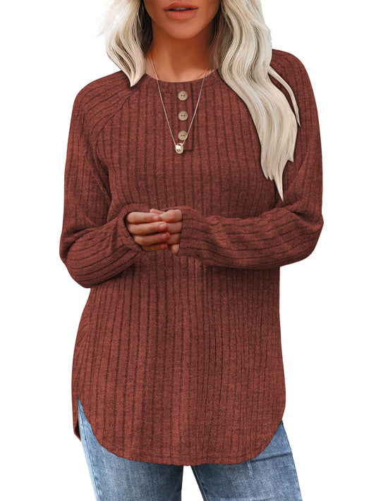 TEMOFON Long Sleeve Shirts for Women Loose Fit Dressy Casual Button Sweater Crew Neck Pullover Basic Sweaters for Women 2025