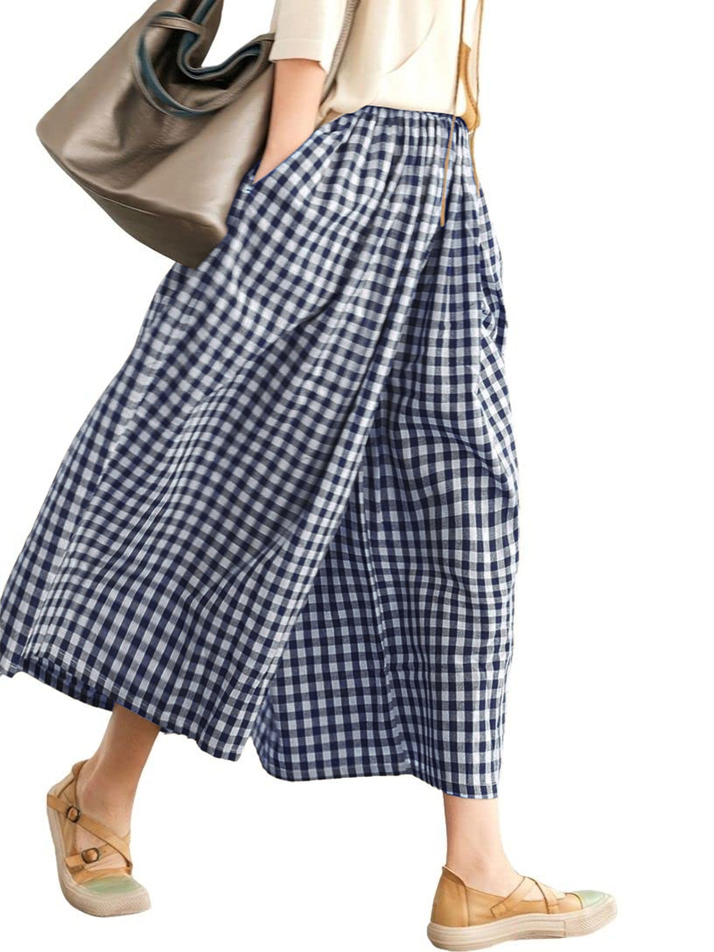 SWQZVT Womens Pants Wide Leg Gingham Cotton Pants for Women Casual Loose Checkered Palazzo Lounge Women's Pants
