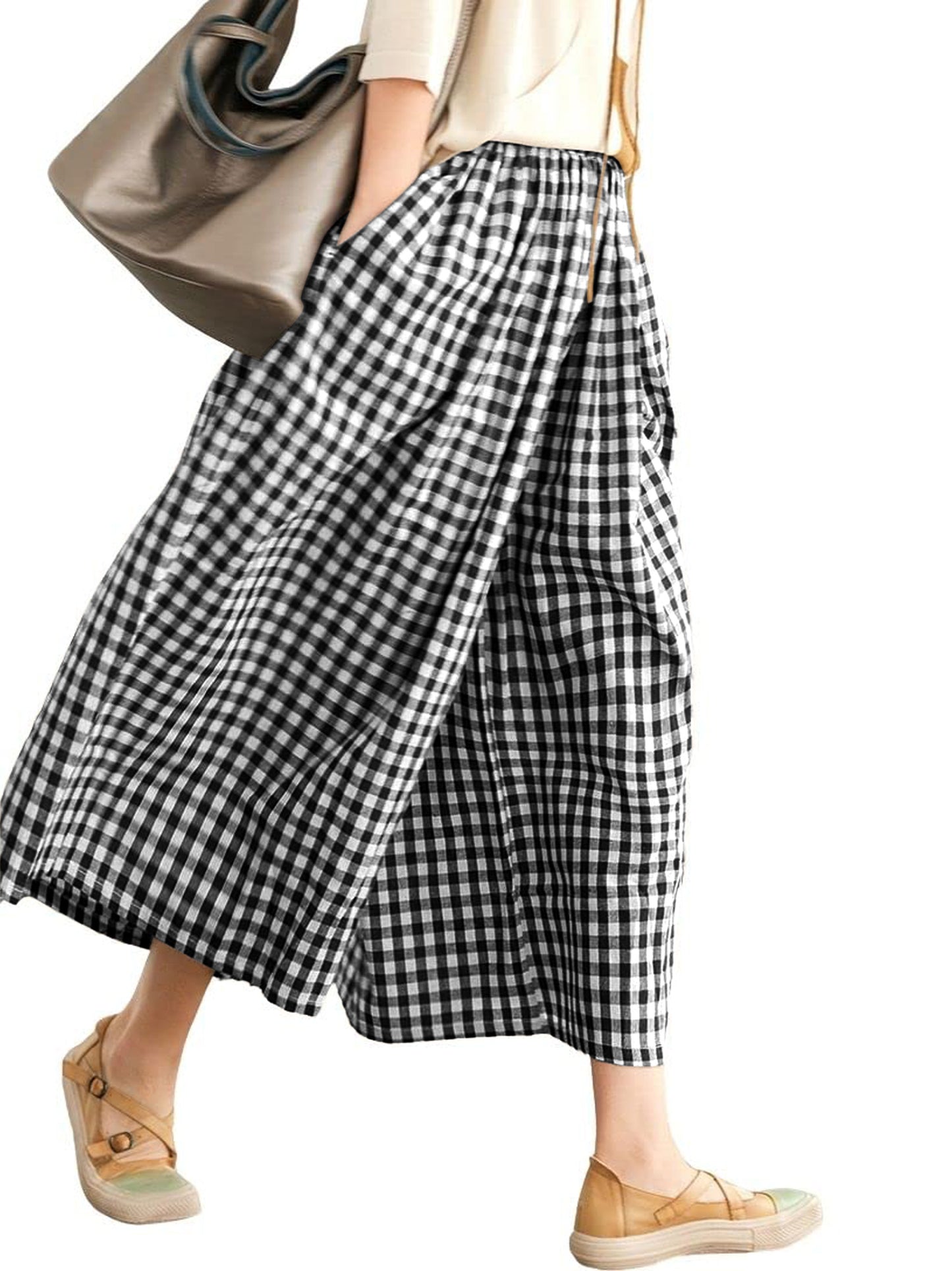 SWQZVT Womens Pants Wide Leg Gingham Cotton Pants for Women Casual Loose Checkered Palazzo Lounge Women's Pants