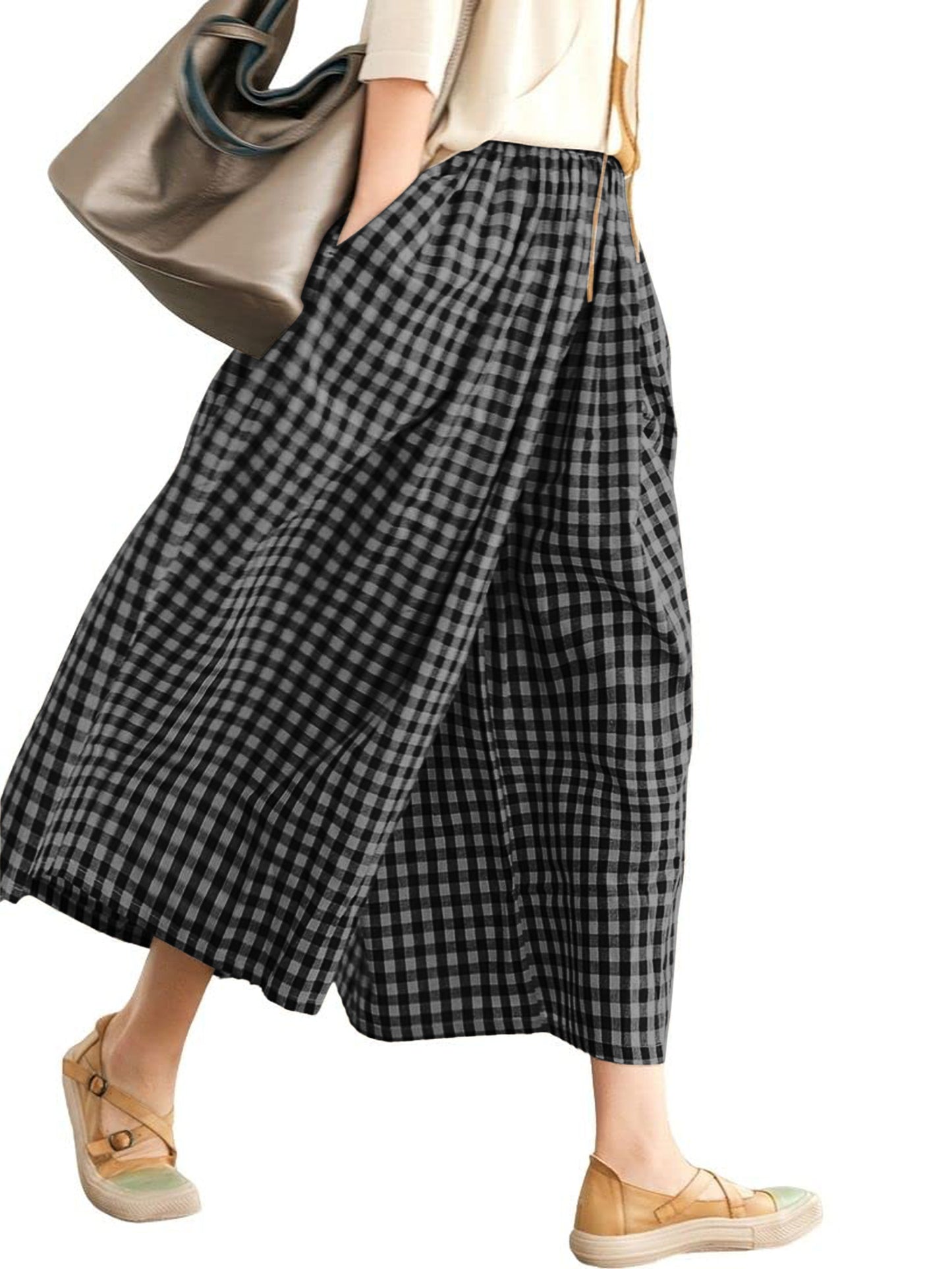 SWQZVT Womens Pants Wide Leg Gingham Cotton Pants for Women Casual Loose Checkered Palazzo Lounge Women's Pants