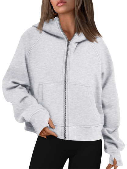 TEMOFON Womens Sweatshirts Zip-Up Fleece Cropped Hoodie Jacket with Pockets Fall Casual Long Sleeve Sports Sweatshirts
