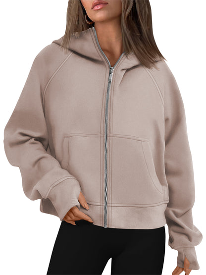 TEMOFON Womens Sweatshirts Zip-Up Fleece Cropped Hoodie Jacket with Pockets Fall Casual Long Sleeve Sports Sweatshirts