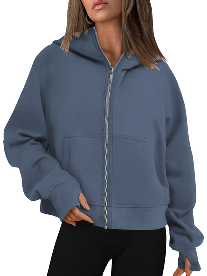 TEMOFON Womens Sweatshirts Zip-Up Fleece Cropped Hoodie Jacket with Pockets Fall Casual Long Sleeve Sports Sweatshirts