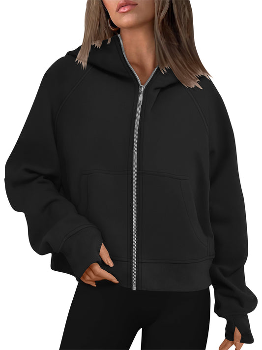 TEMOFON Womens Sweatshirts Zip-Up Fleece Cropped Hoodie Jacket with Pockets Fall Casual Long Sleeve Sports Sweatshirts